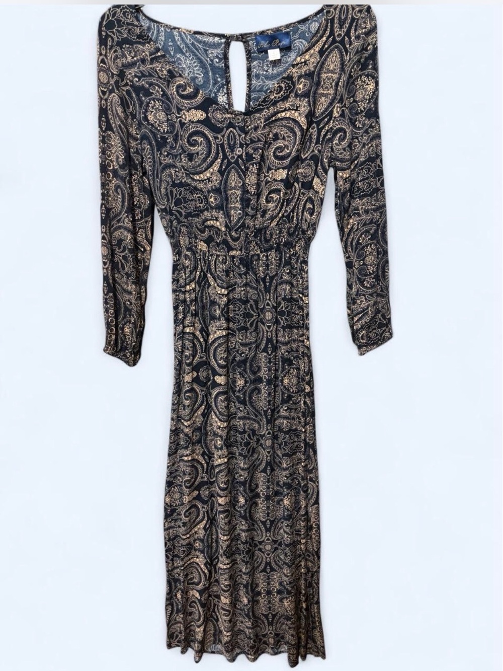 Blue Rain navy and beige paisley maxi dress with long sleeves